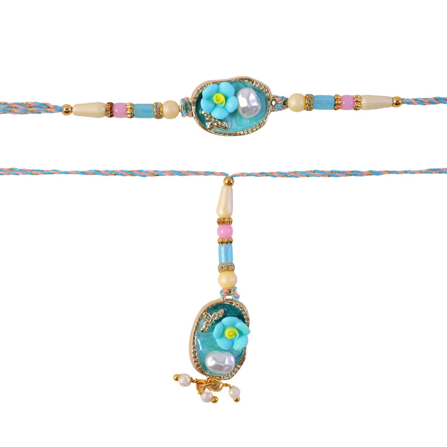 Stylish and traditional Aqua Floral Pearl Lumba Rakhi for brothers and sisters