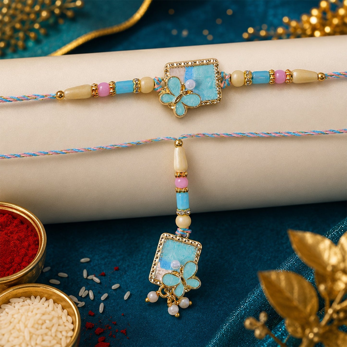 Close-up of intricate turquoise floral design on Bhaiya Bhabhi Lumba Rakhi
