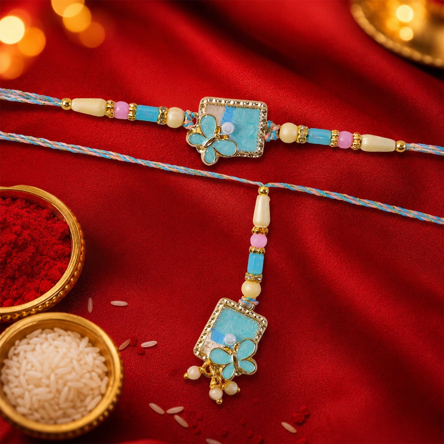 Pearl and bead embellishments on Turquoise Lumba Rakhi