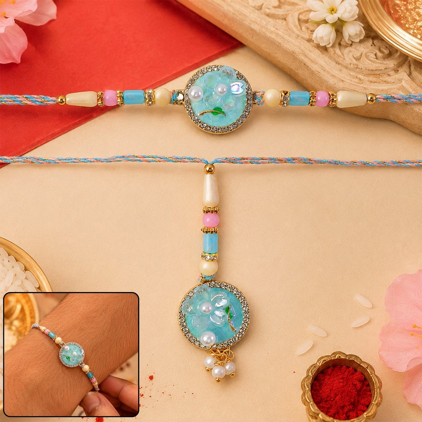 Teal floral Rakhi with pearl drops and intricate thread work, perfect for Bhaiya Bhabhi during Raksha Bandhan