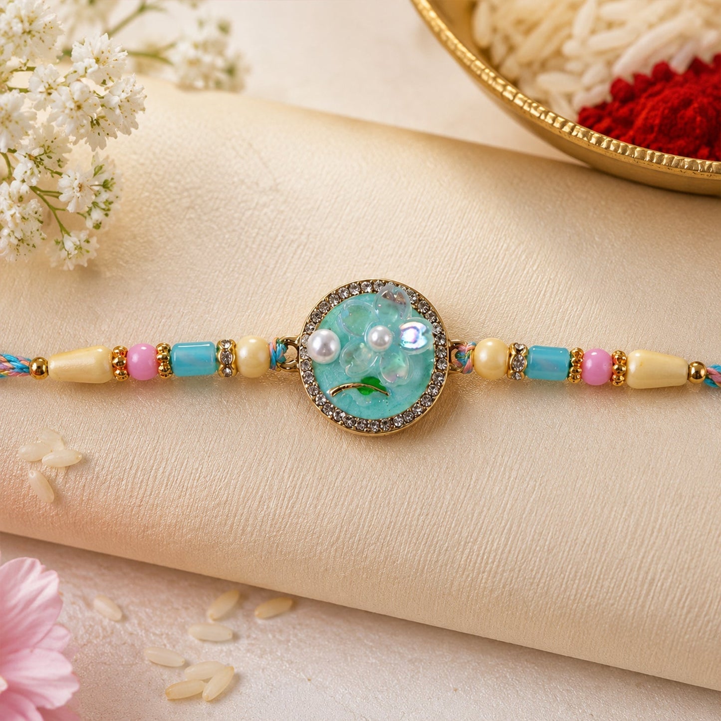 Elegant teal floral Rakhi with pearl embellishments on a wrist
