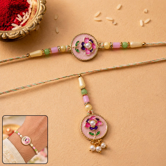 Pink floral Kundan pearls Bhabhi Lumba Rakhi for Raksha Bandhan, traditional design