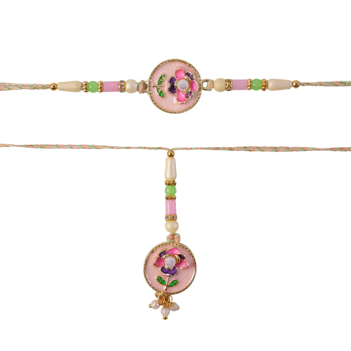 Special Raksha Bandhan Rakhi with floral design and pearl detailing
