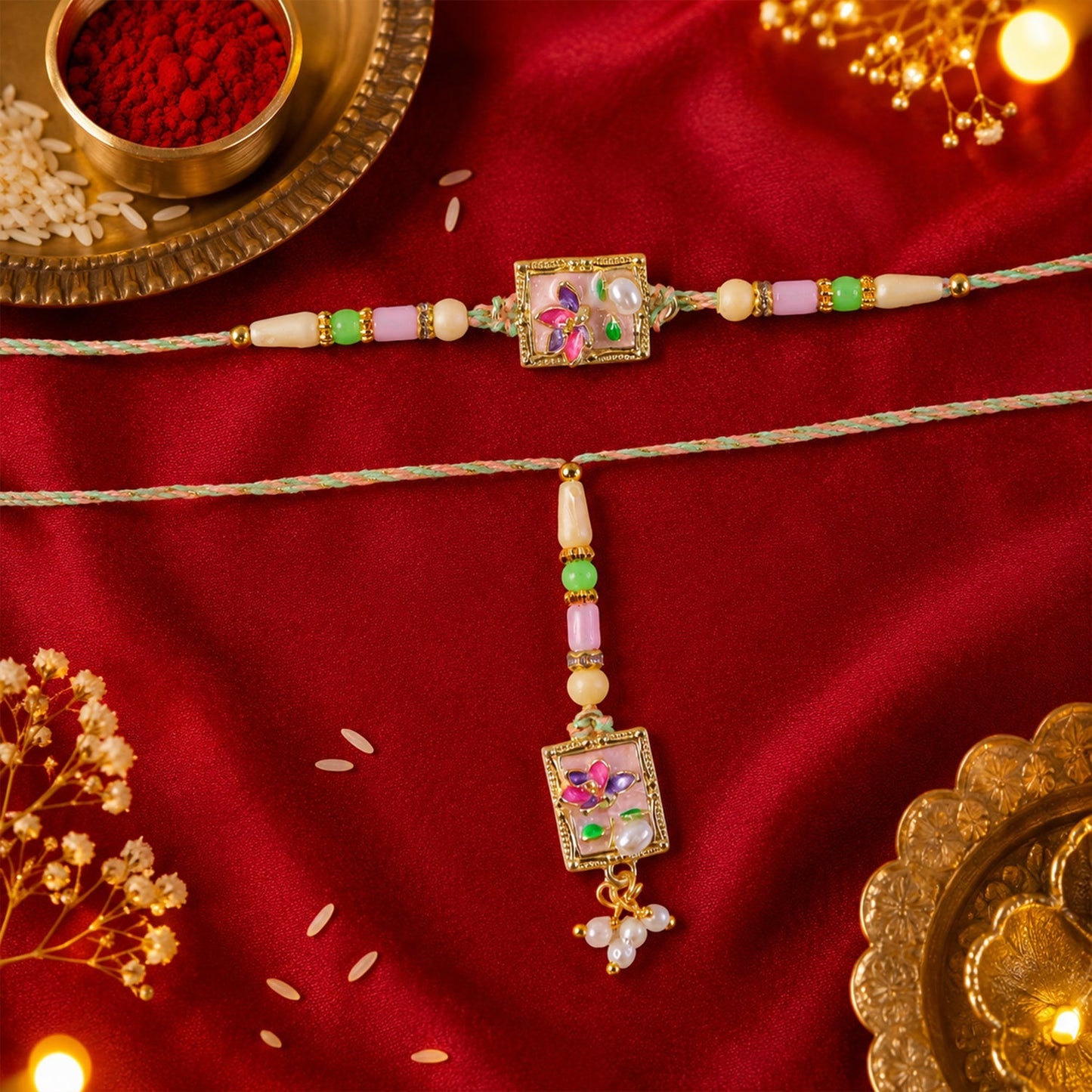 Elegant Kundan Lumba Rakhi with pearl & floral details