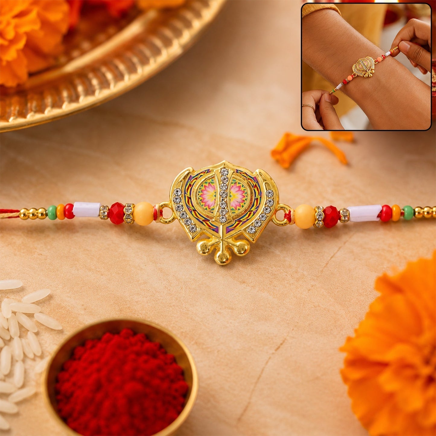 Gold-tone Khanda Rakhi for brother with multicolor enamel and stones.