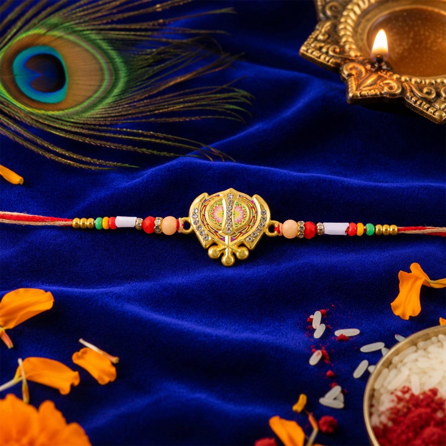 Side view of the religious Khanda Rakhi highlighting its gold-tone finish.