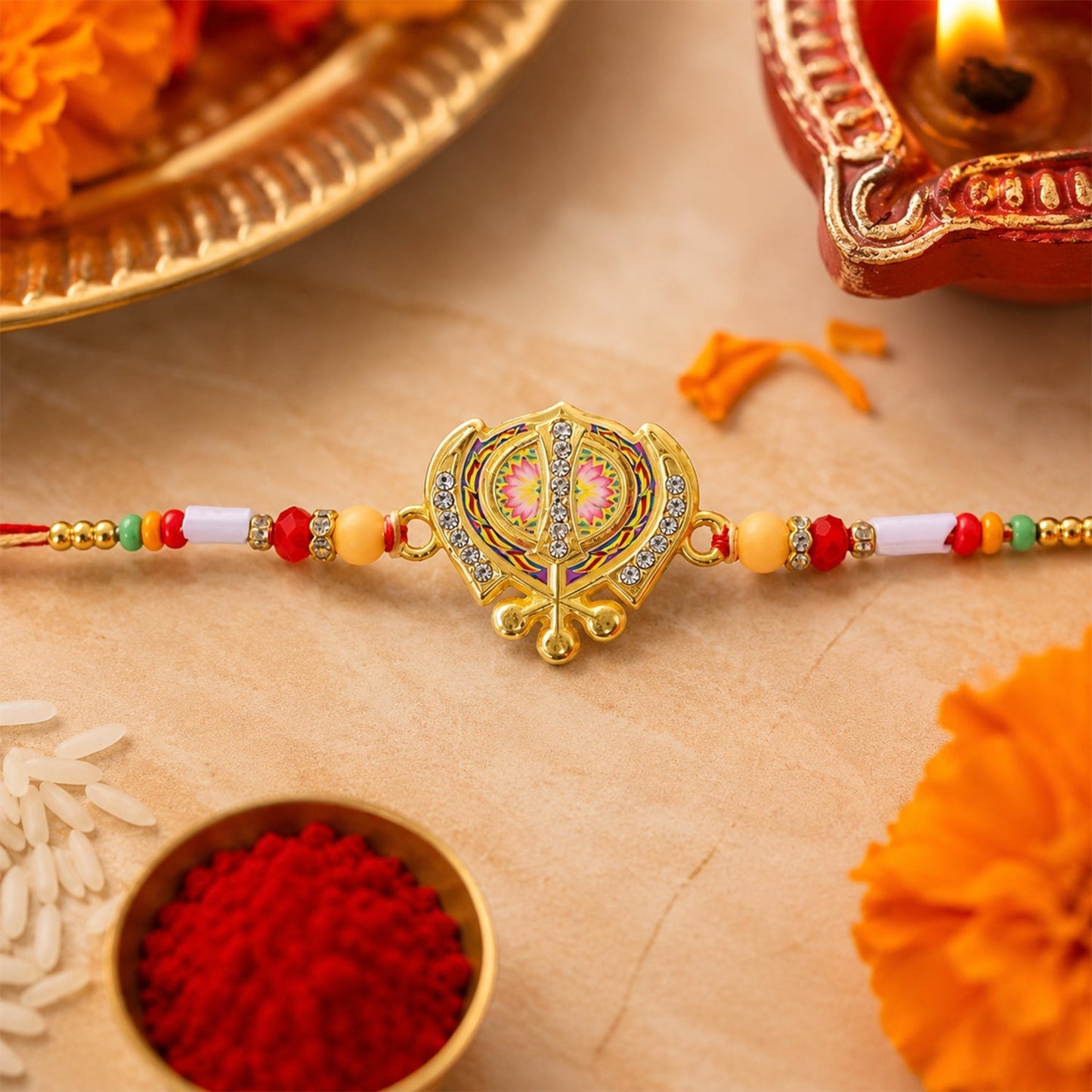 Khanda Rakhi tied on a wrist showcasing its elegant design.