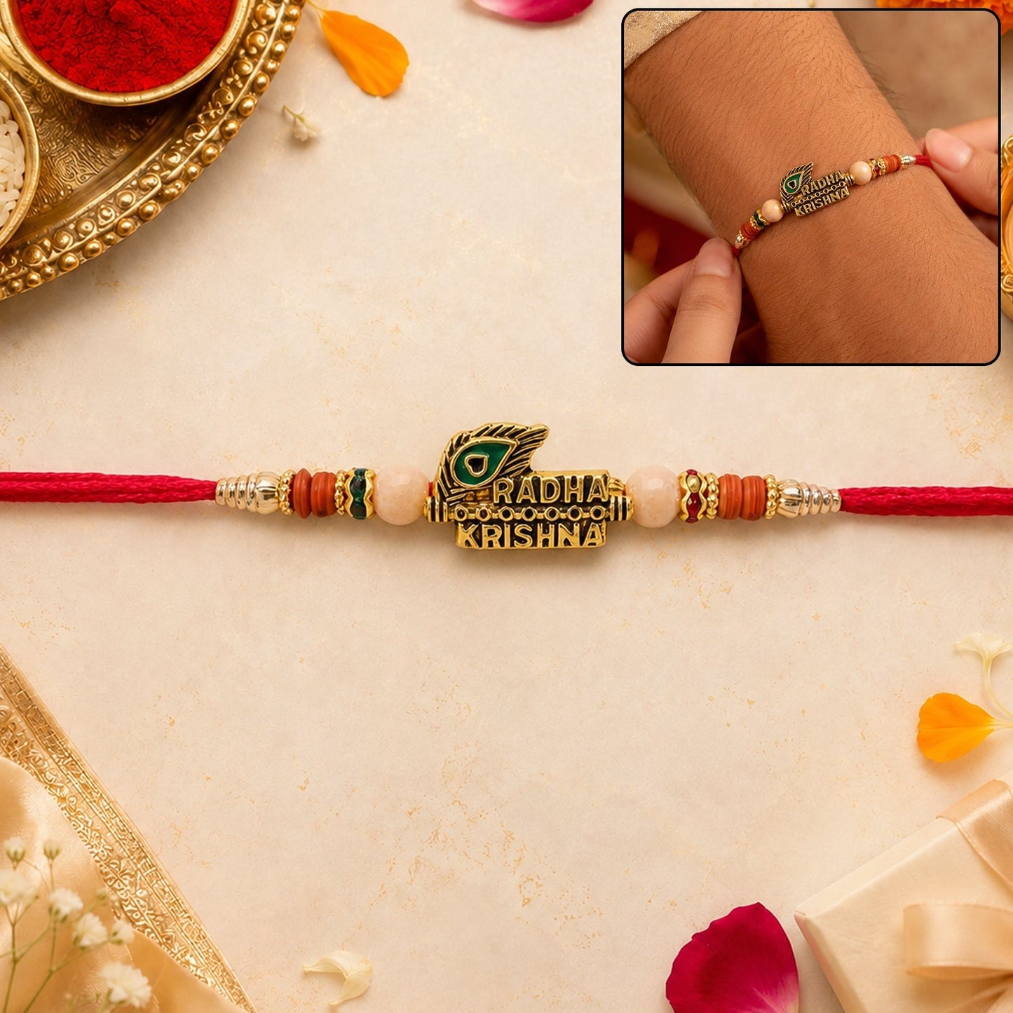 Close-up of a peacock feather Rakhi with vibrant beads and gold finish for brothers