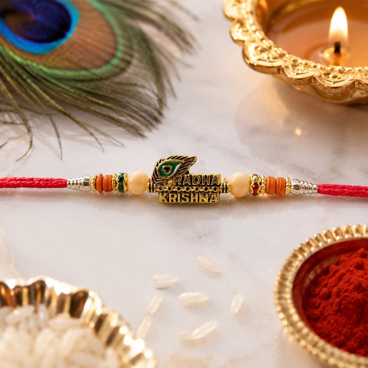Brothers Rakhi with intricate peacock feather motif and gold-tone detailing