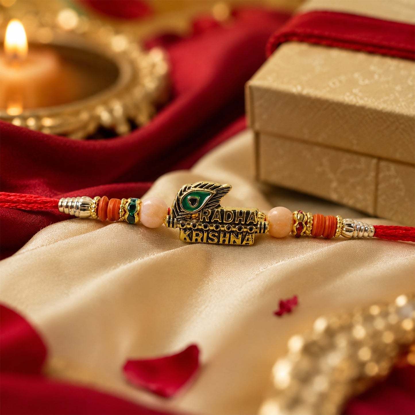 Decorative design of peacock feather Rakhi with colorful beads and premium material