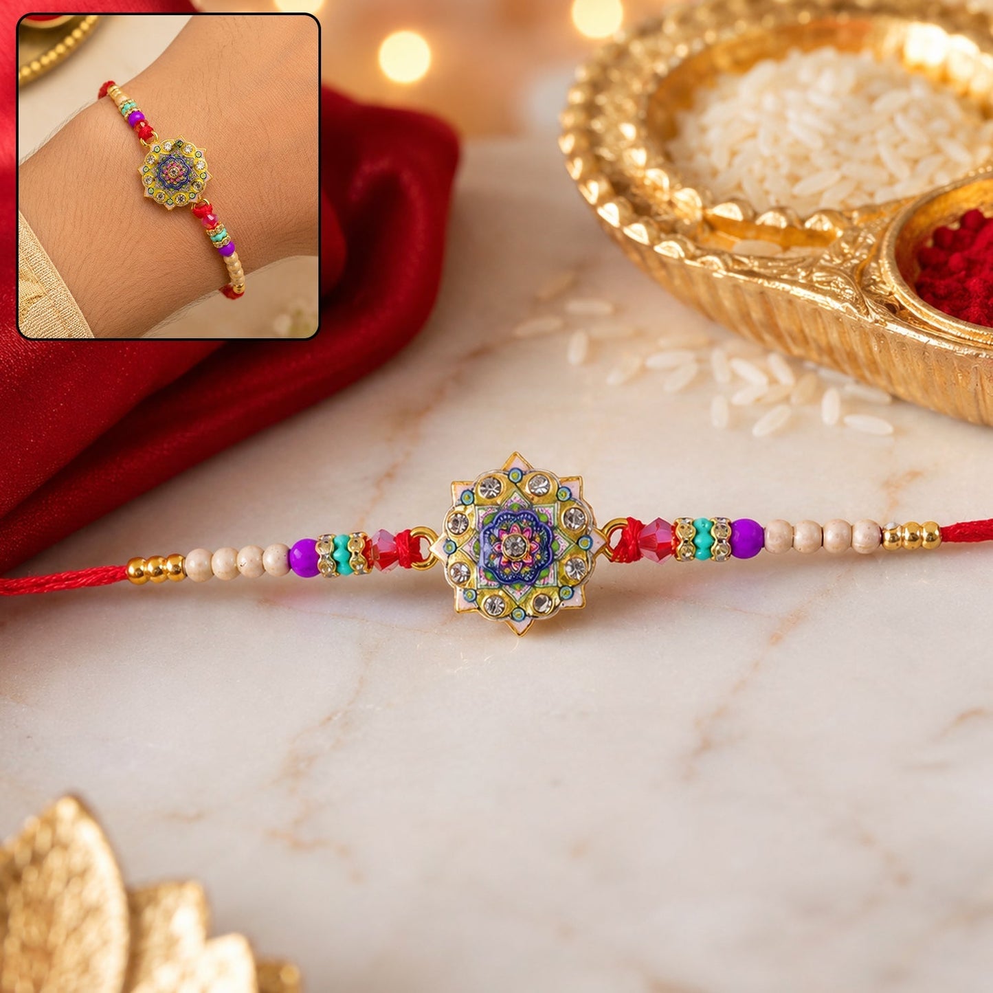 Front view of the floral mandala Rakhi with multicolor enamel and stone details.