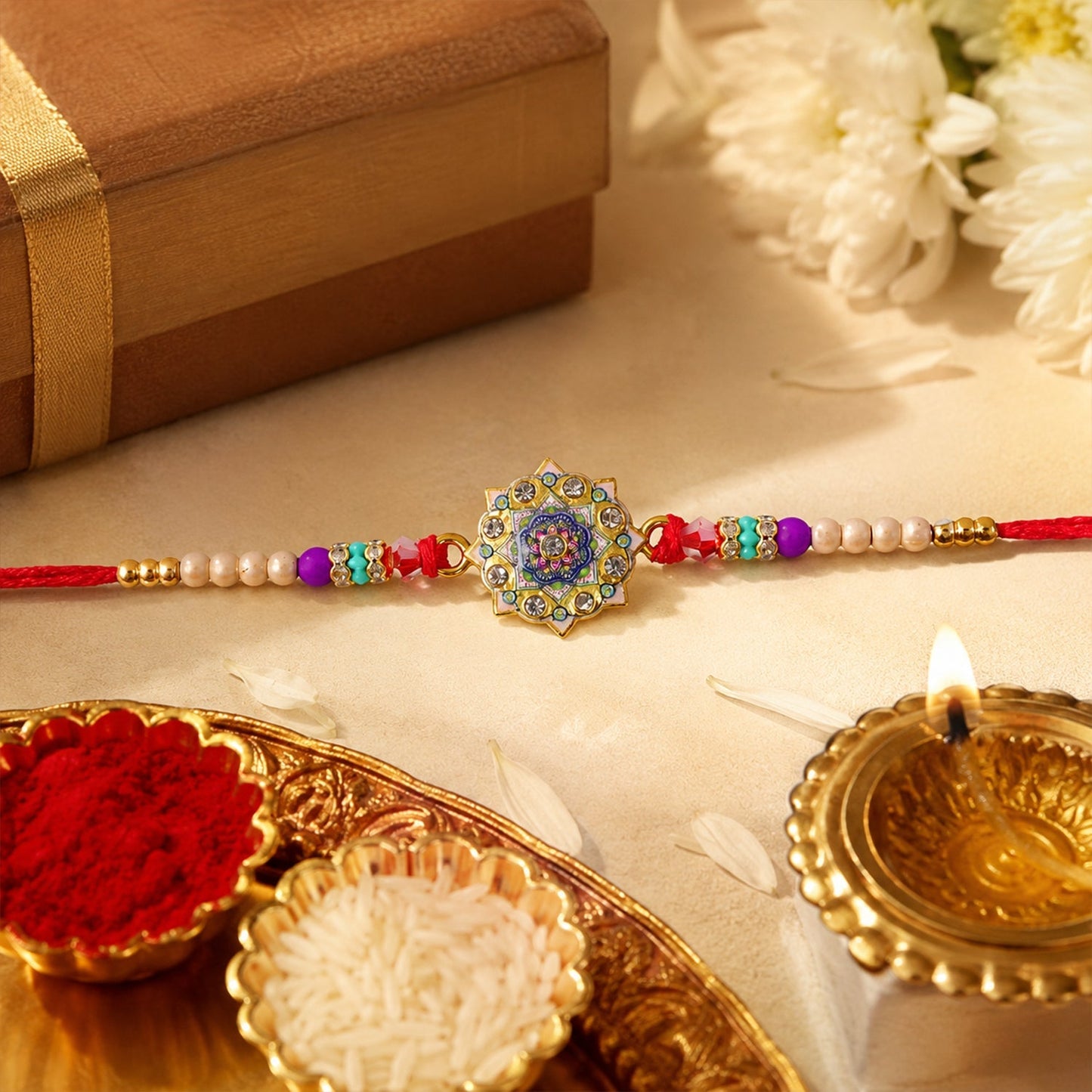 Close-up of the sparkling stone-studded floral mandala Rakhi.