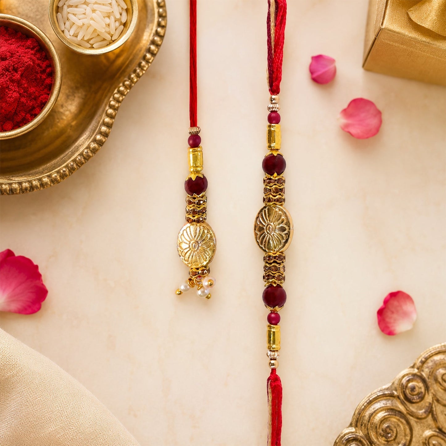 Stylish Lumba Rakhi featuring gold beads and an oval charm on a hand.