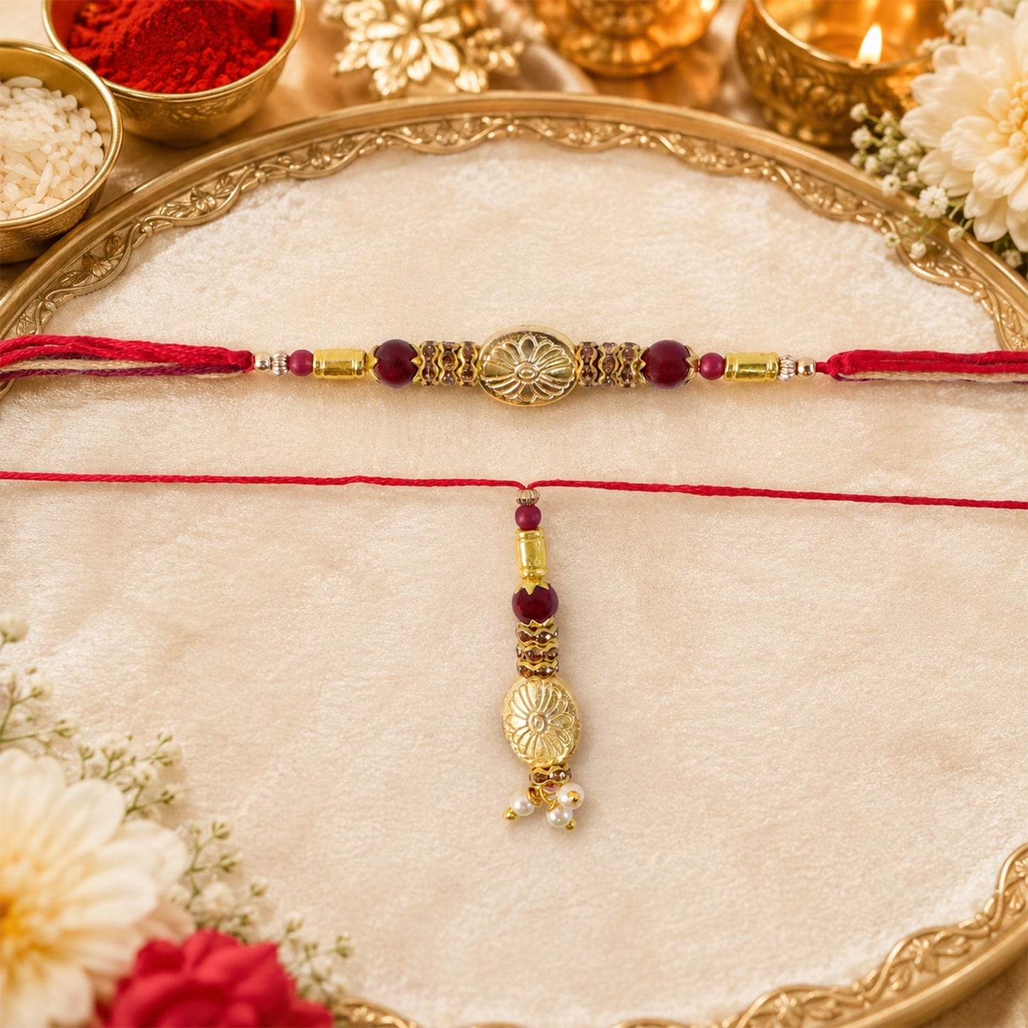 Top view of the decorative thread and beads of the floral Lumba Rakhi.