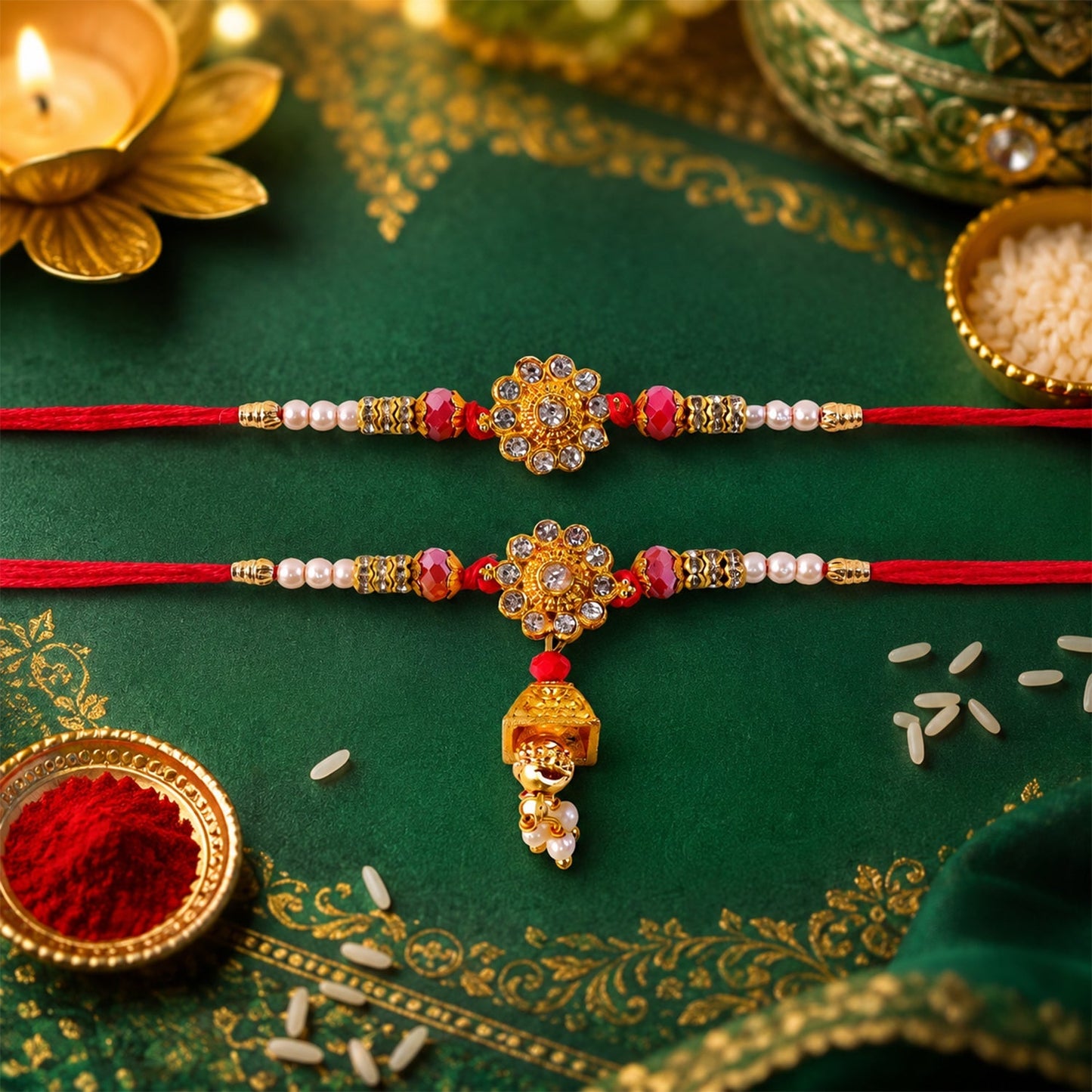 Stylish golden-tone pearl bead rakhi with traditional yet modern design
