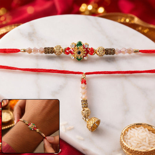 Colorful enamel floral Bhaiya Bhabhi Rakhi with crystal beads and golden finish.