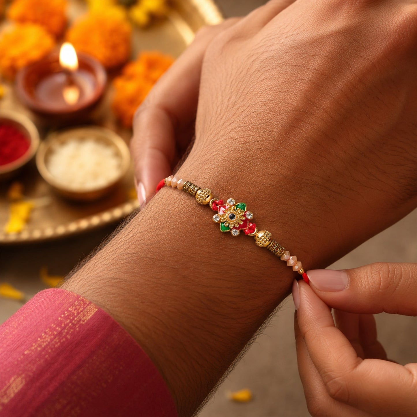Elegant golden-tone Bhaiya Bhabhi Rakhi for festival celebration.