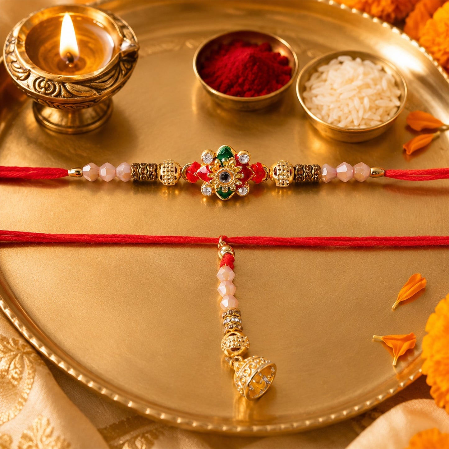 Close-up of intricate enamel floral design with crystals on Rakhi.