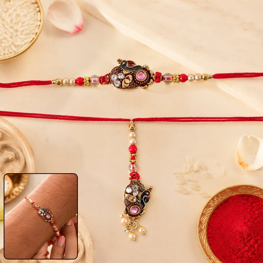Elegant Lumba Rakhi for Bhabhi featuring antique peacock design with golden tone and stone embellishments.