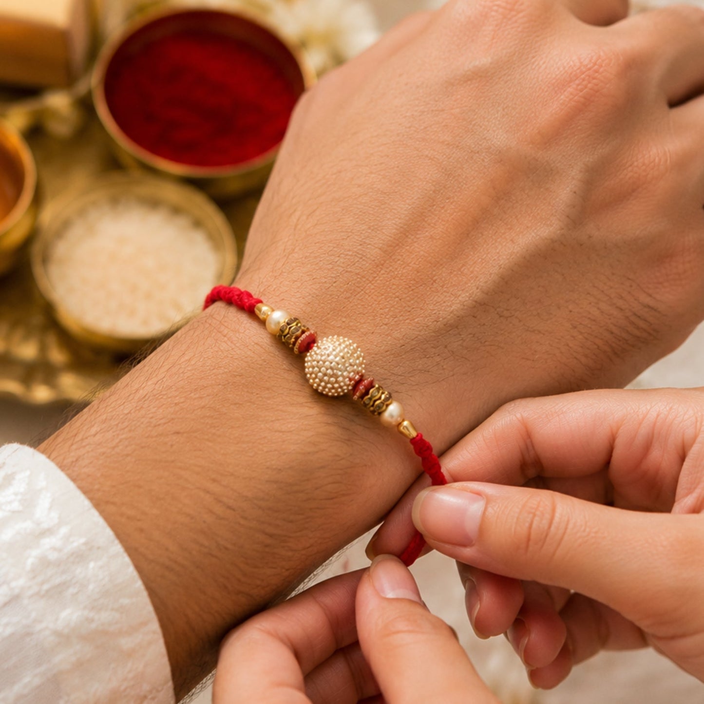 Detailed view of Bhaiya Rakhi with golden beadwork.