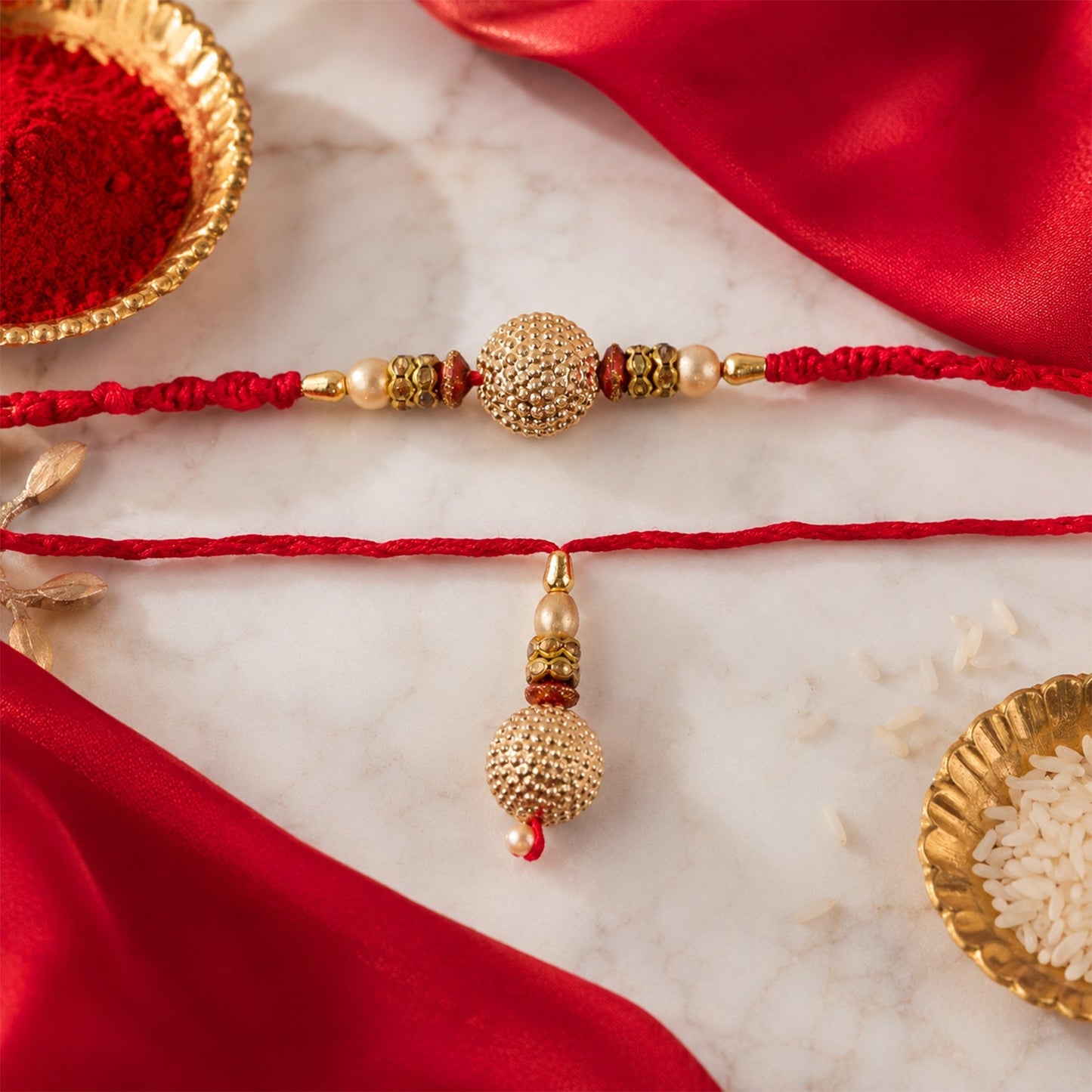 Elegant display of Bhaiya Bhabhi Rakhi Set on festive background.