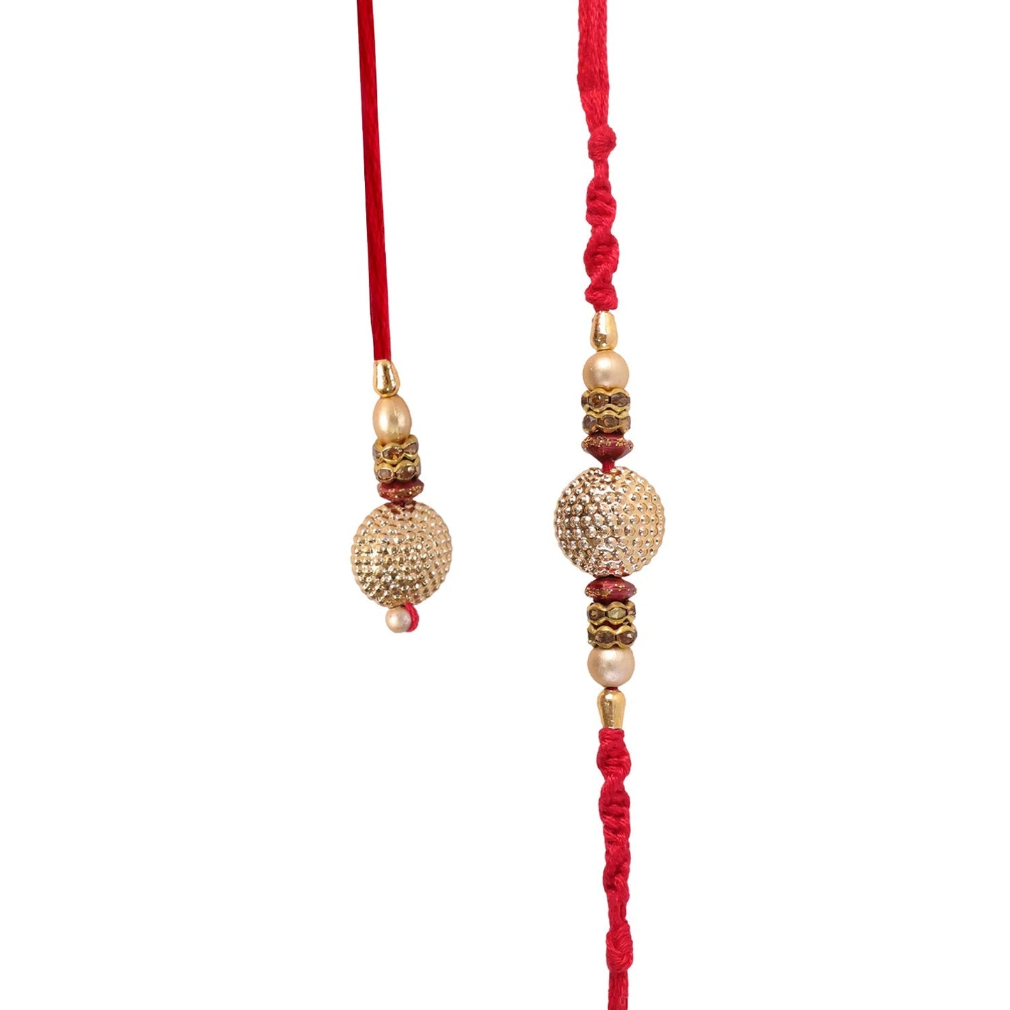 Side angle highlighting golden pearl bead rakhi craftsmanship.