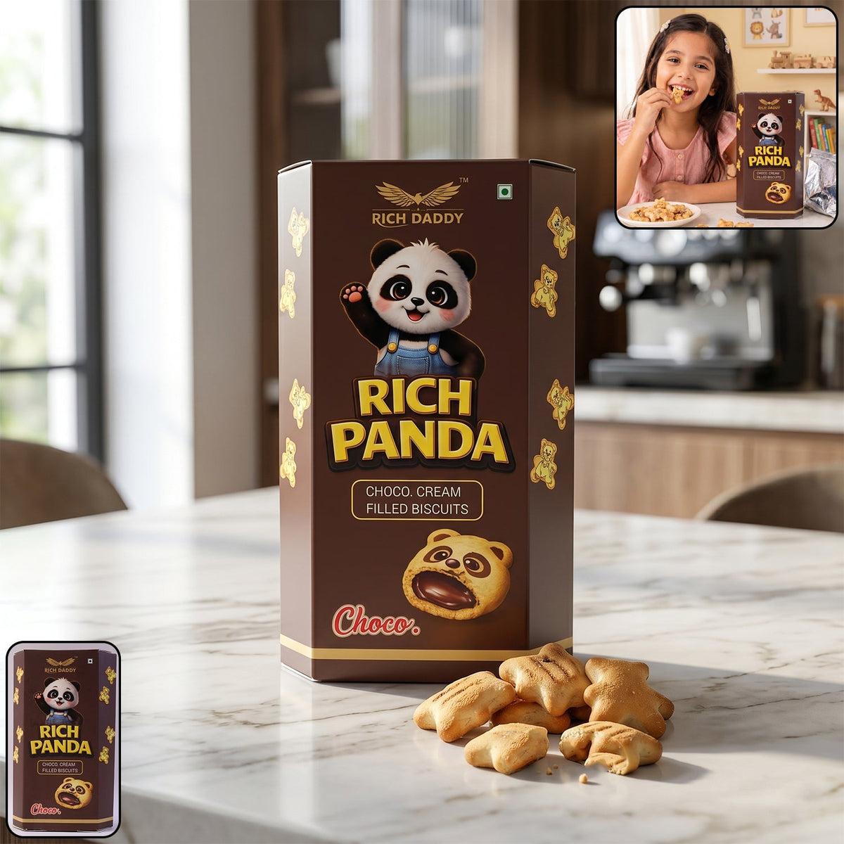 A brown box of panda-shaped biscuits sits on a counter with some biscuits spilled, and a small inset shows a girl eating one.