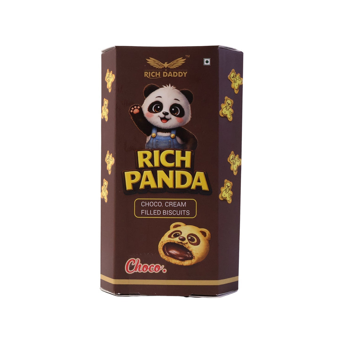 A brown hexagonal box of Rich Daddy Panda Choco Cream Filled Biscuits stands upright against a white background.