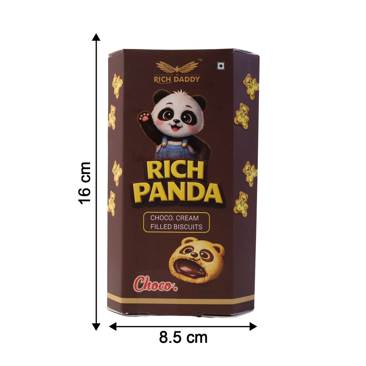 A brown hexagonal box of Rich Daddy Panda Choco Cream Filled Biscuits with dimensions 16 cm by 8.5 cm.