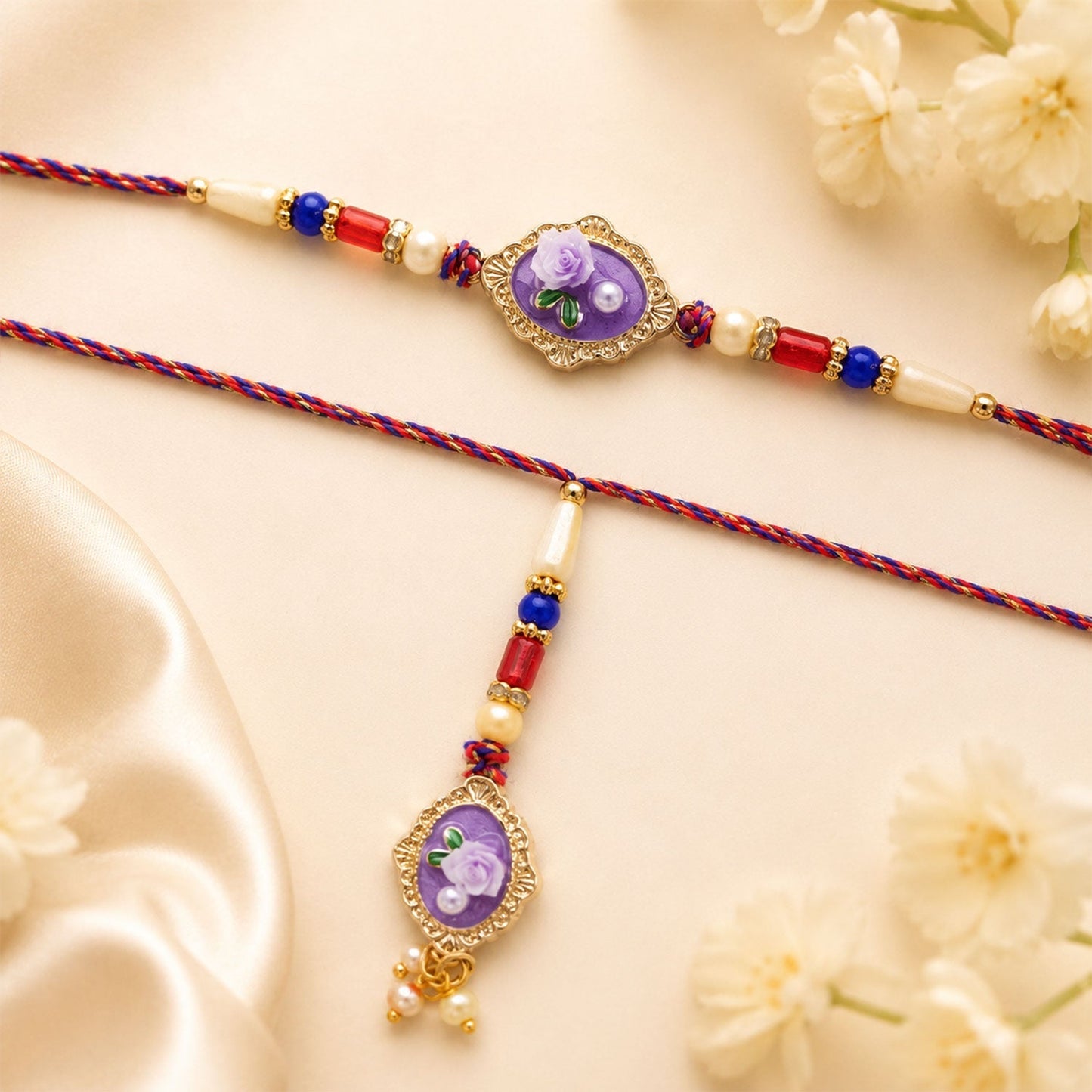 Elegant rose enamel pearl bead rakhi for Bhaiya Bhabhi, perfect for Raksha Bandhan celebrations