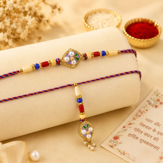 Close-up of an enamel pearl and diamond charm rakhi with intricate design