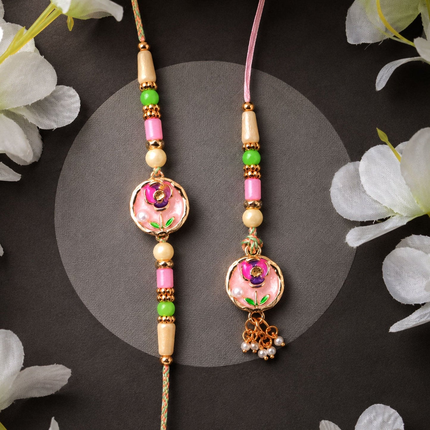 Colorful festive Rakhi with enamel floral design for Rakshabandhan
