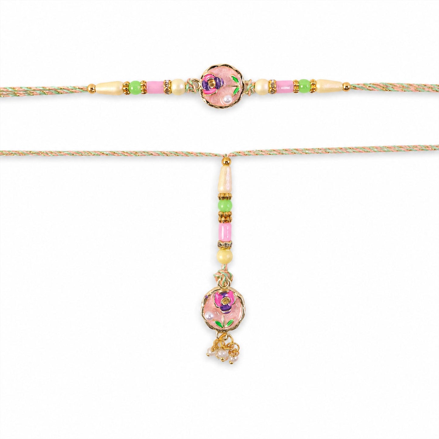 Decorative Bhaiya Bhabhi Rakhi with pearl beads for siblings