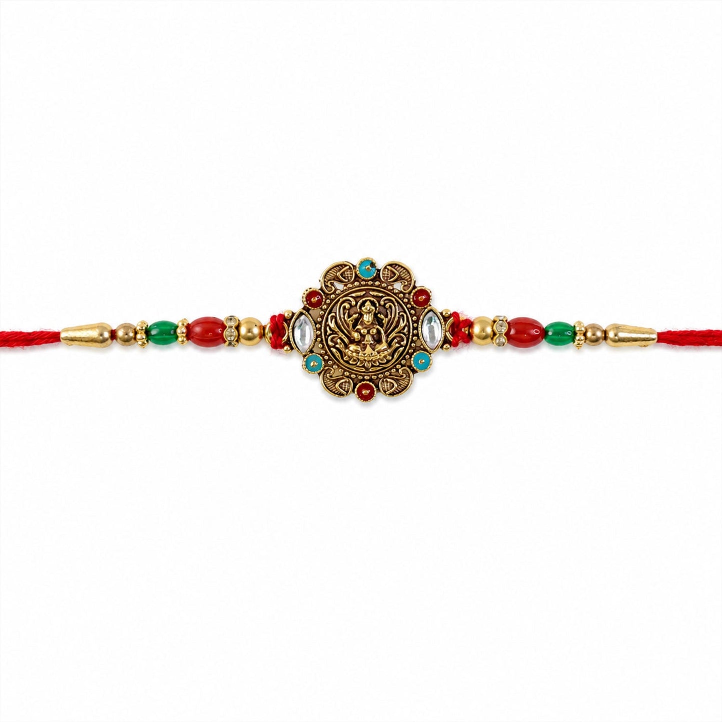 Premium designer rakhi with kundan and beads in an elegant festive design.