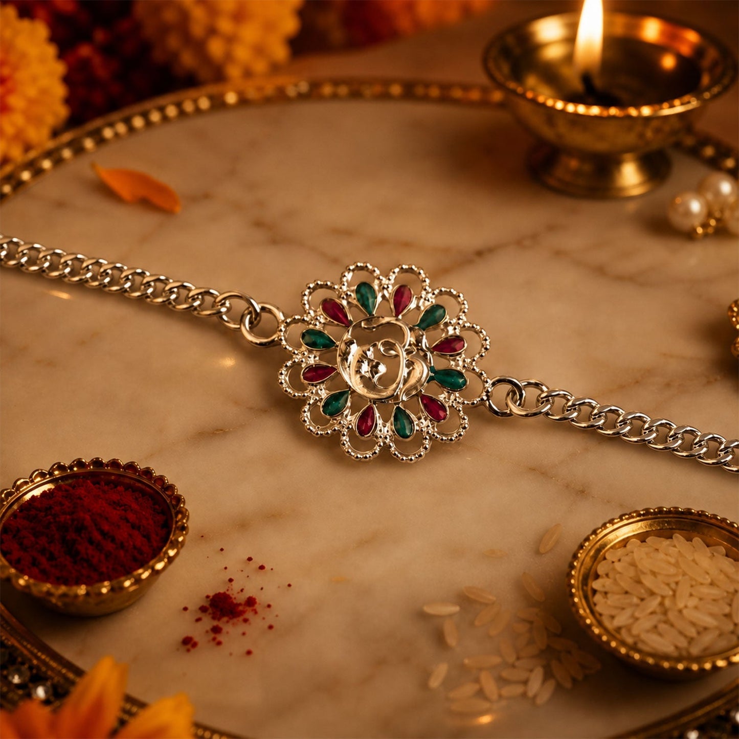 Front view of Silver floral Om enamel chain bracelet for Rakhi