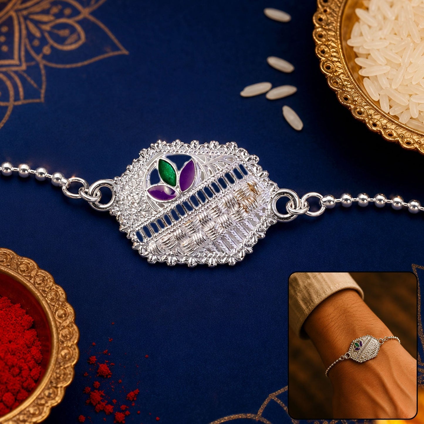 Silver designer enamel chain bracelet for Raksha Bandhan, stylish brother gift