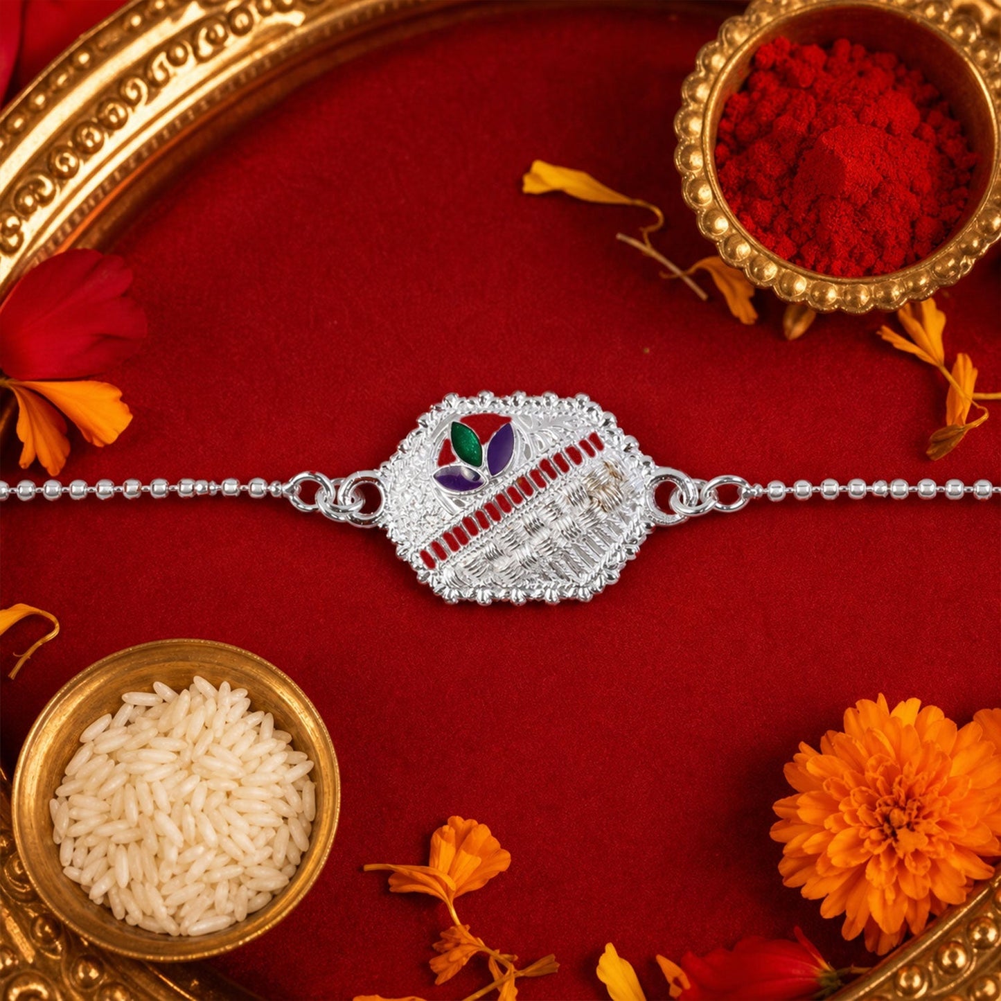 Elegant silver chain bracelet with enamel finish, suitable for Rakshabandhan
