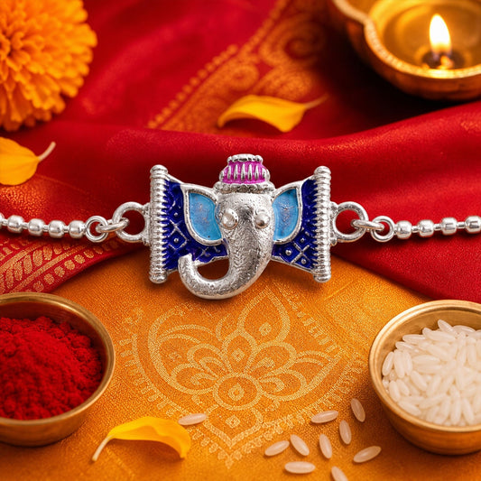 Silver Ganesha enamel chain bracelet with Lord Ganesha motif for Raksha Bandhan