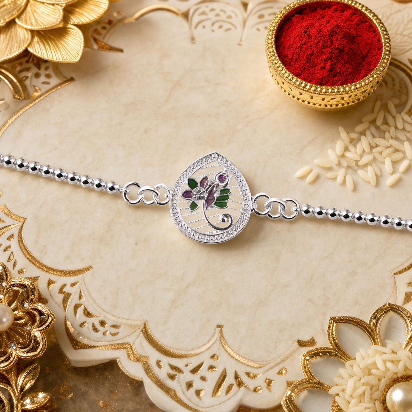 Stylish and traditional silver floral Rakhi for Raksha Bandhan