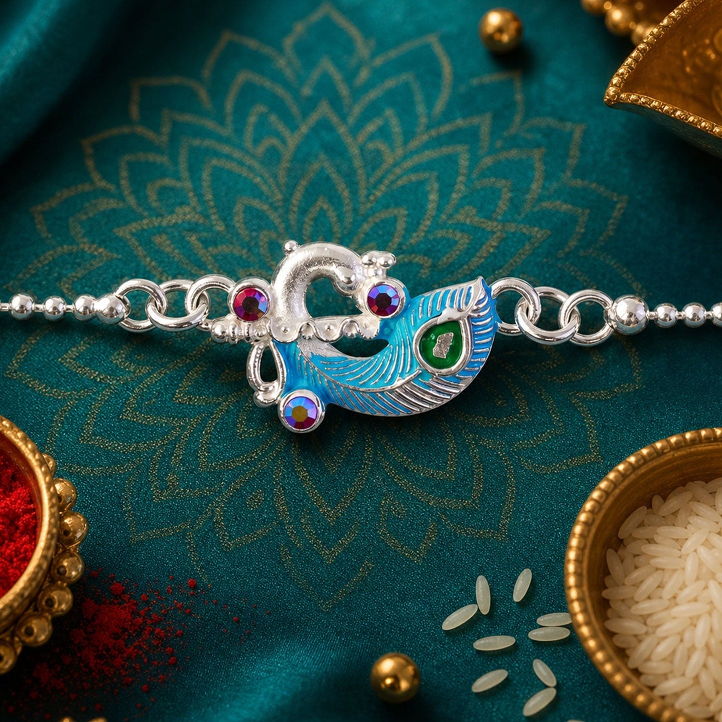 Elegant silver chain bracelet with peacock motif, ideal for brother’s gift during Rakhi.