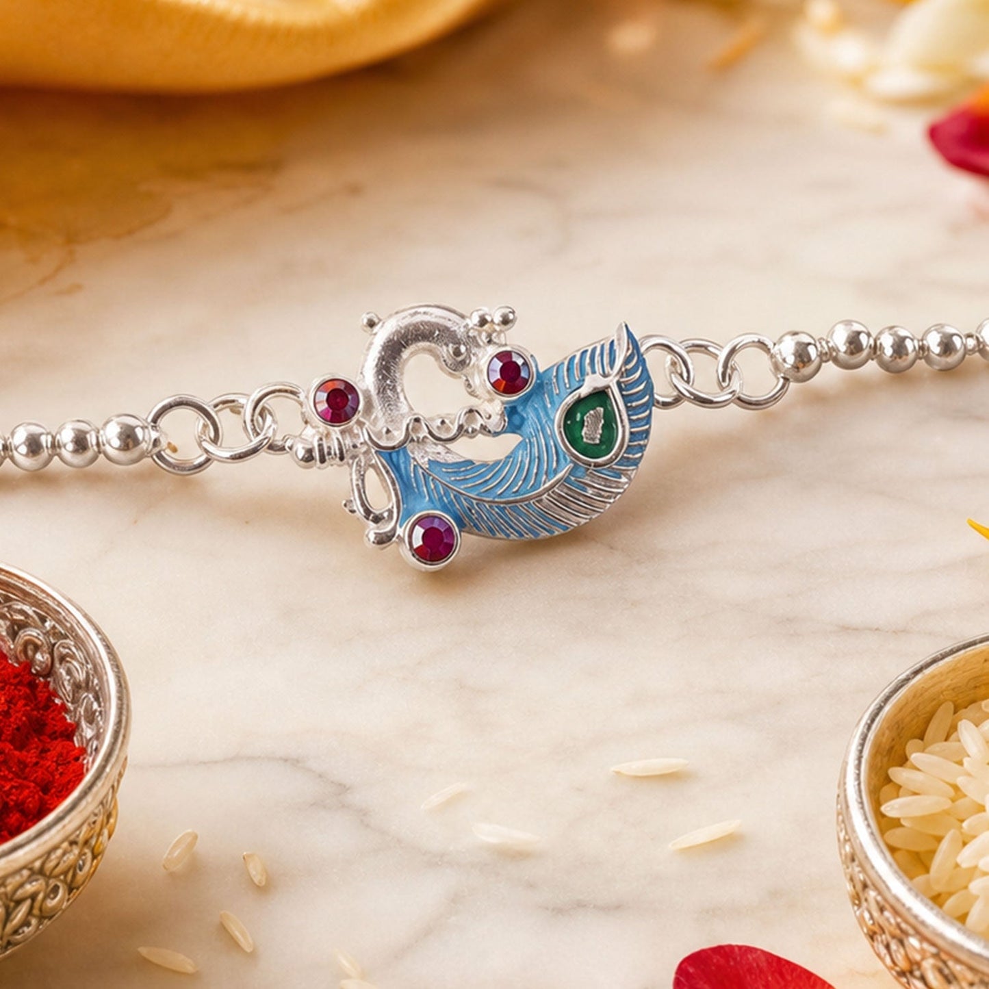 Stylish silver enamel bracelet featuring intricate peacock design for festive occasions.