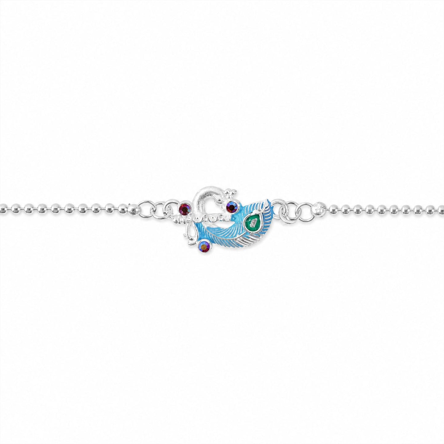 Beautifully crafted silver peacock bracelet with vibrant enamel, perfect for Raksha Bandhan gift.