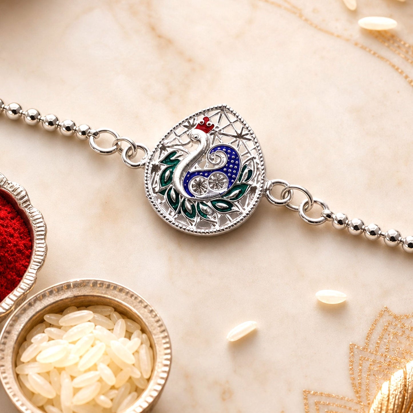 Elegant peacock enamel bracelet worn for Rakshabandhan celebrations