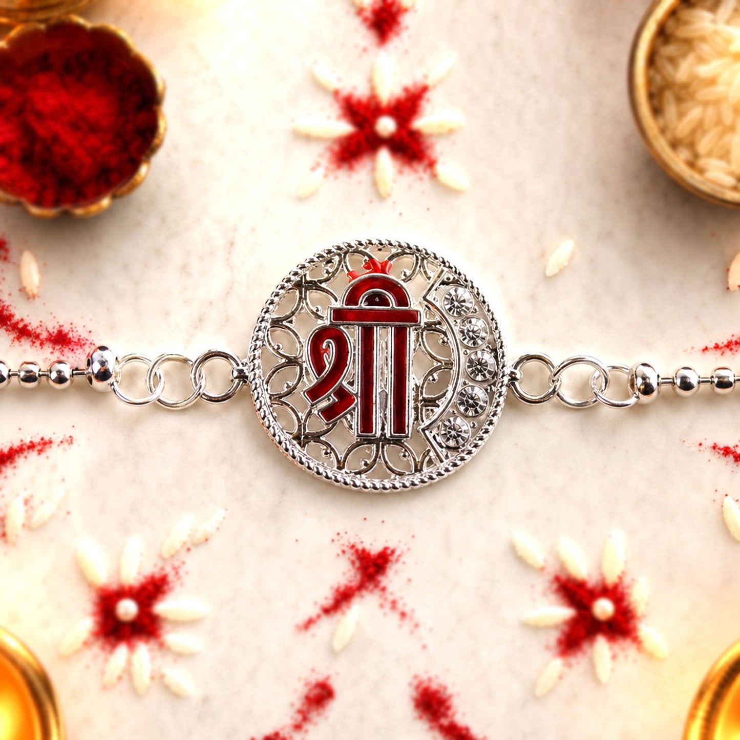 Close-up of the Silver Round Shree enamel stone bracelet, elegant Rakhi for brothers