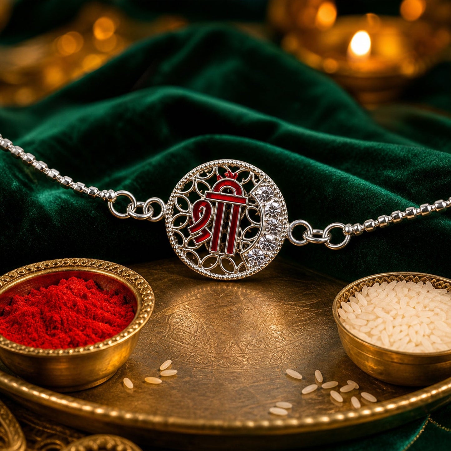 Beautifully crafted Silver Rakhi with enamel and embedded stones, ideal for brothers
