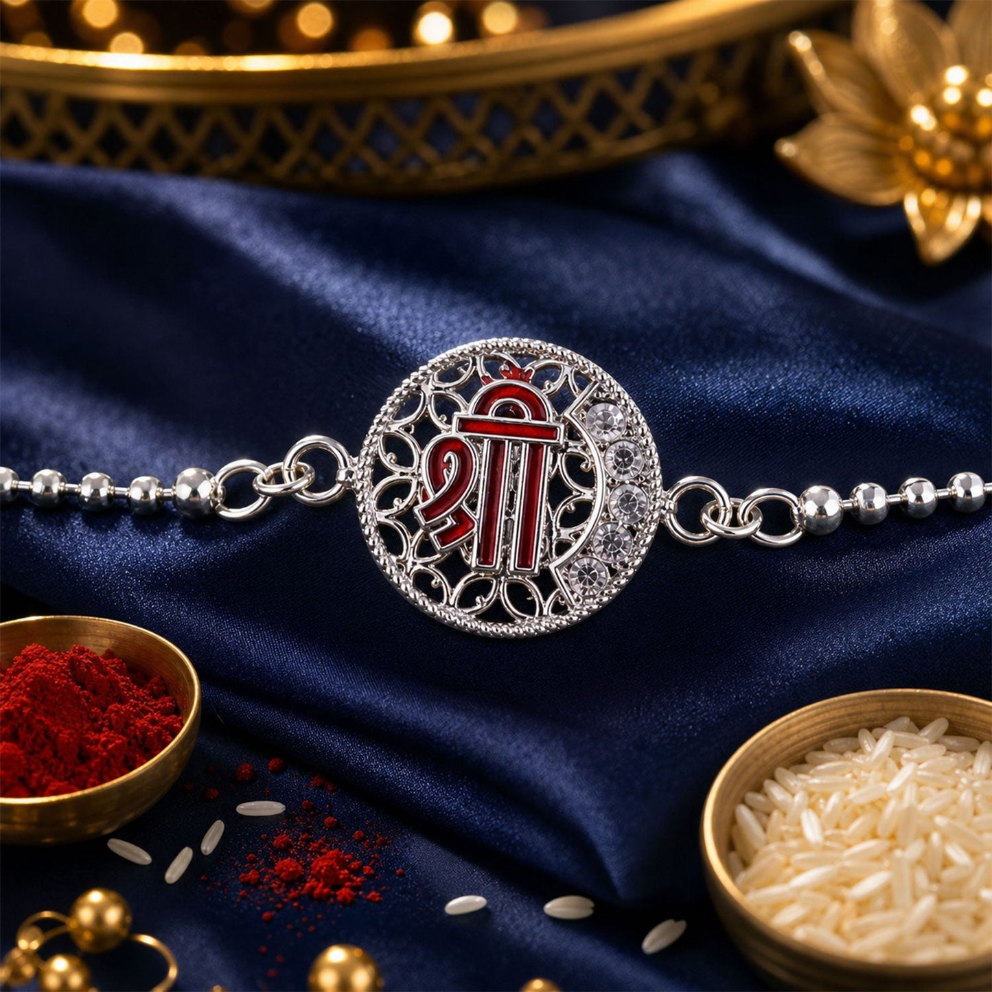 Festive Silver Shree enamel bracelet, perfect Rakhi gift for any brother