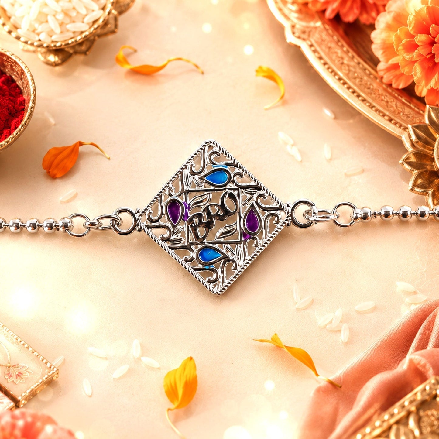 Stylish silver chain bracelet with enamel design, ideal for Rakshabandhan gifting