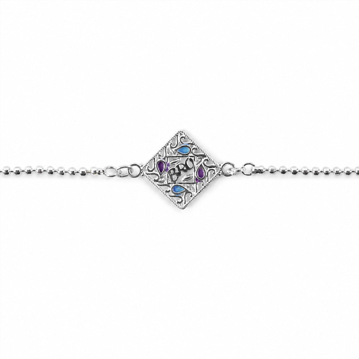 Close view of silver diamond bro text enamel chain bracelet detail
