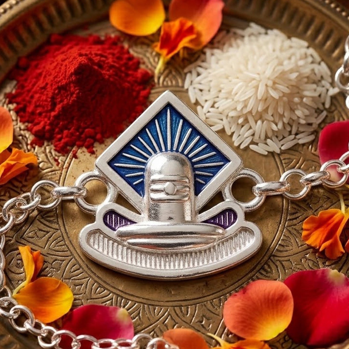 Close-up of Shiv Lingam enamel chain bracelet Rakhi with vibrant colors