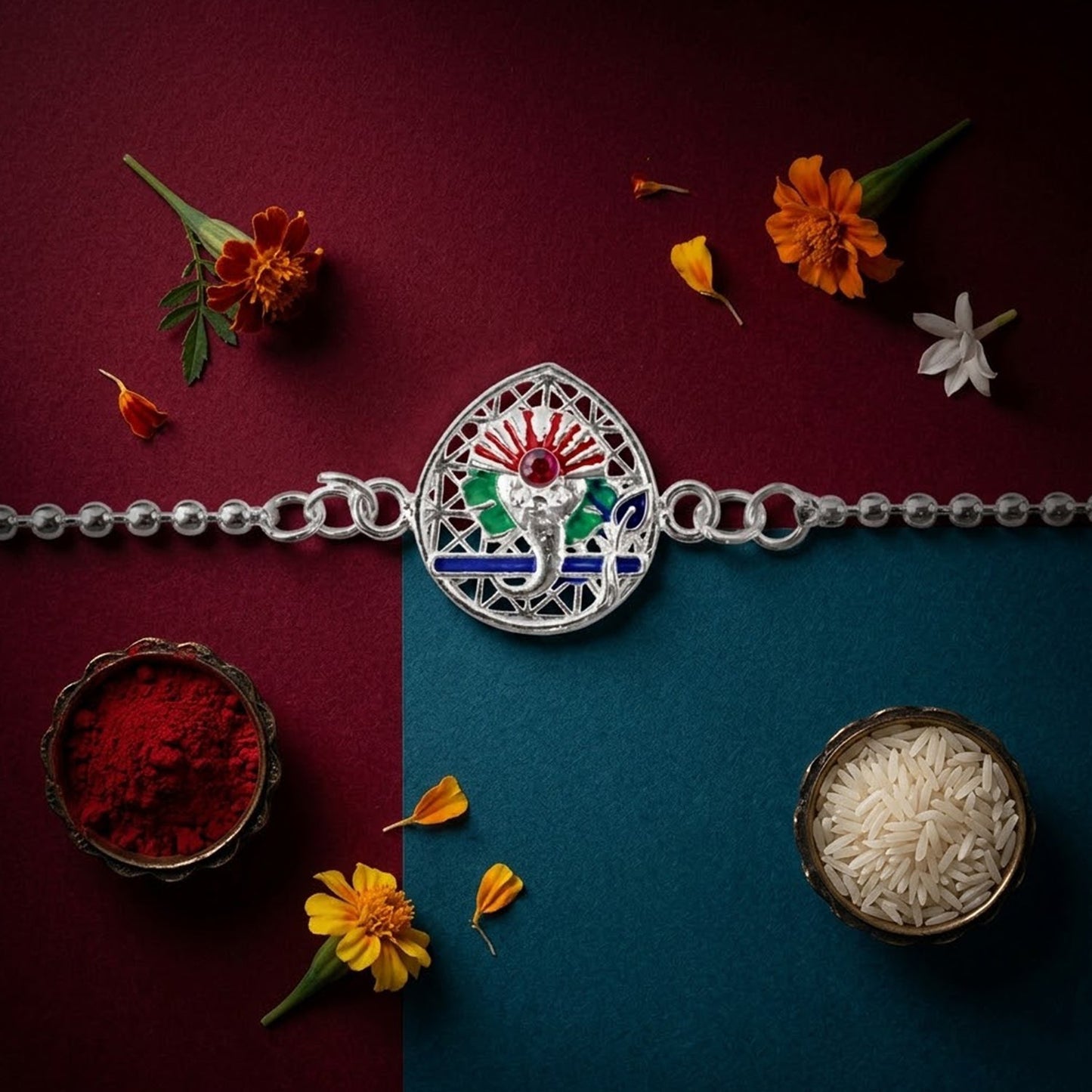 Close-up of Lord Ganesha enamel charm on a vibrant Rakhi bracelet suitable for brothers